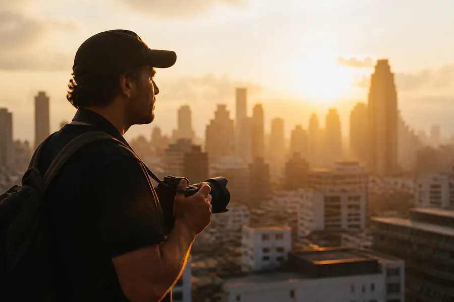 Photojournalist at work in the field, camera raised, for Kennedy Photojournalism